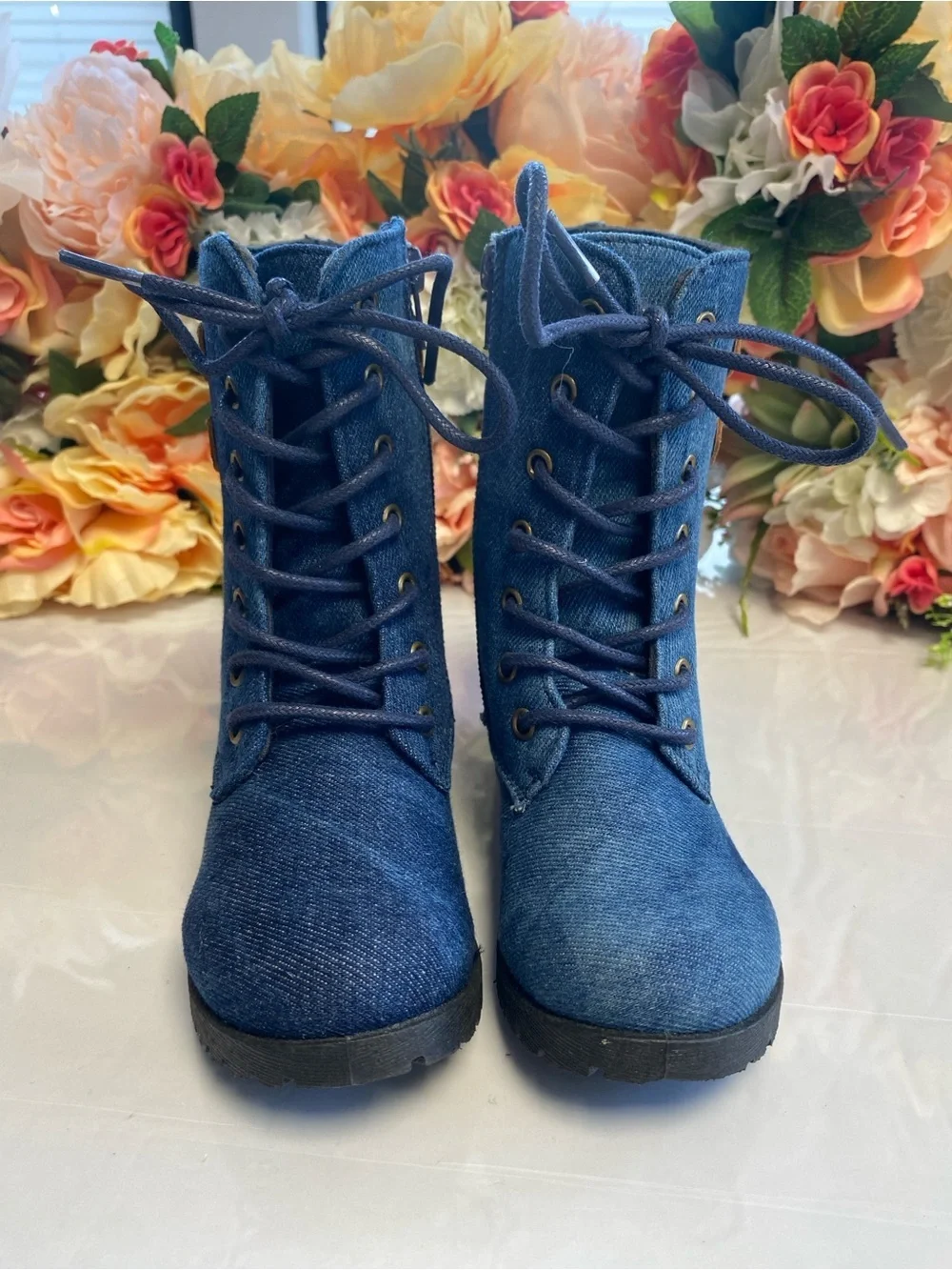 Toddler Denim Moto Lace-Up Boots Side Zip Buckle Blue Size 8